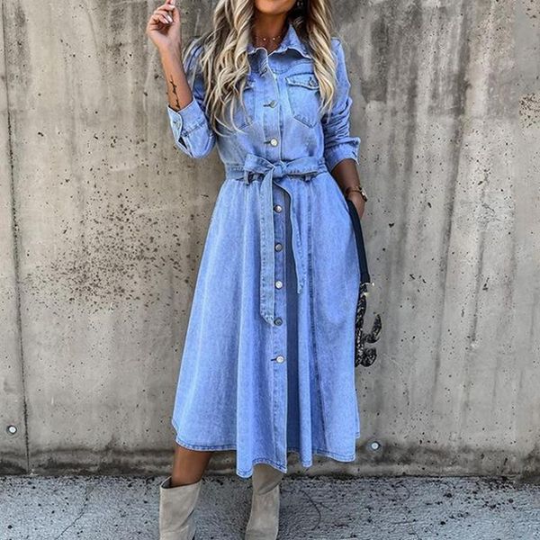 

casual dresses ladies high waist with belt dress autumn fashion lapel denim long women elegant solid single-breasted pocket, Black;gray