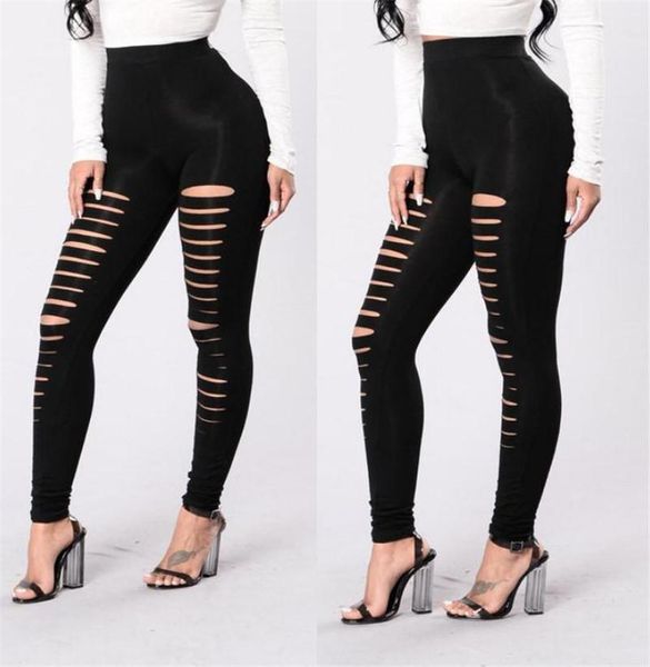 

women's leggings color side perforated fashion casual versatile sports dance elastic pants oversized with holes front, Black