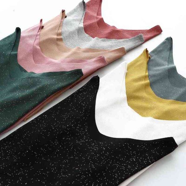 

shiny lurex cotton tank summer sleeveless double v neck vest tank womens rib plus size summer feminina shirt, White