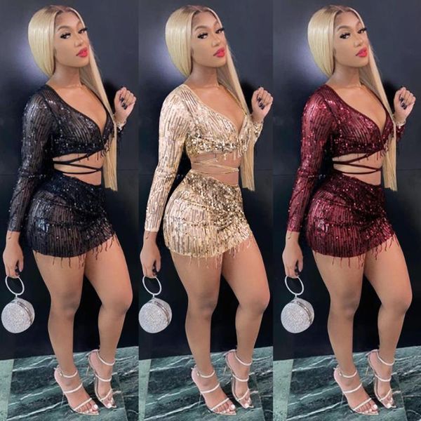 

black red gold 2 two piece with tassel celebrity long sleeve deep v-neck bodycon elegant club party dress vestidos, Black;gray