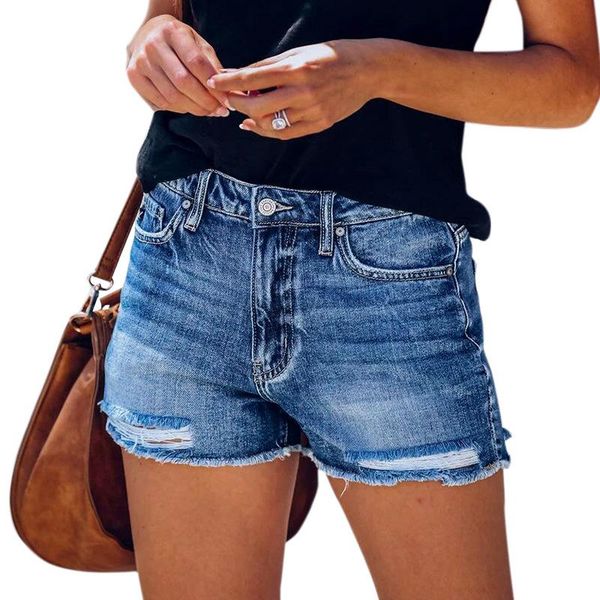

women's jeans 2021 explosive elastic shredded fringe denim shorts super, Blue