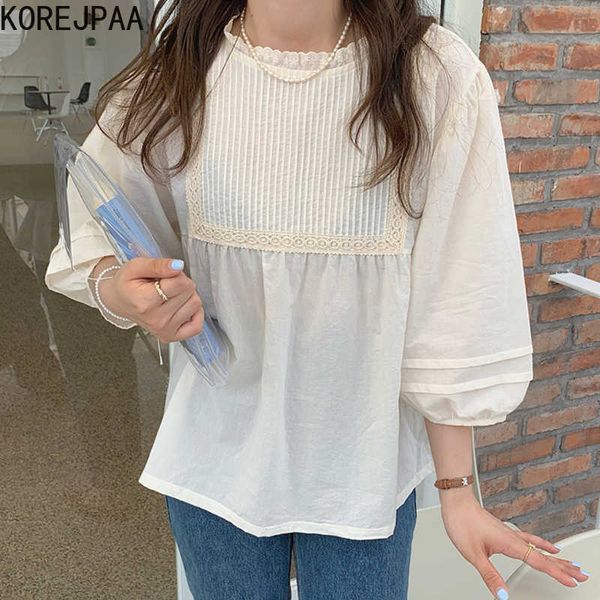 Korejpaa Frauen Hemd Sommer Koreanische Chic Damen Sanfte Spitze Nähte Rundhals Plissee Lose All-Match Puff Sleeve Blusen 210526