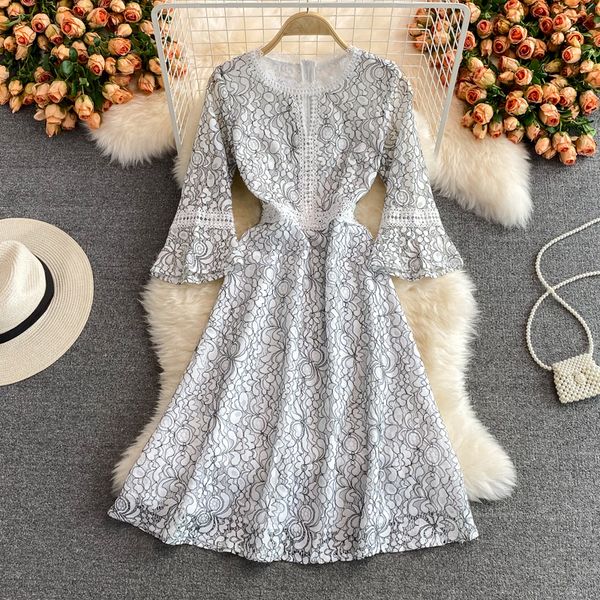 

vintage round neck white hollow out lace dress women casual high waist flare long sleeve a-line robe female vestidos 2021 autumn, Black;gray