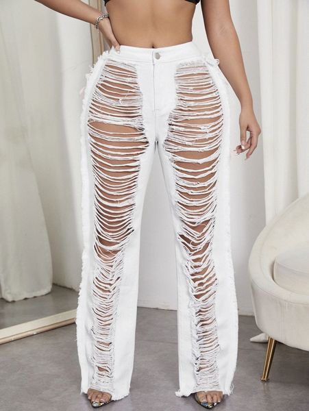 

sxy raw hem high waist ripped jeans f7zv#, Blue