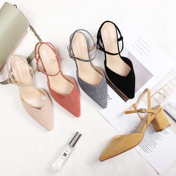 

dress shoes 2021 style spring autumn fashion lady woman fine elegant flock pu square heel sandals, Black