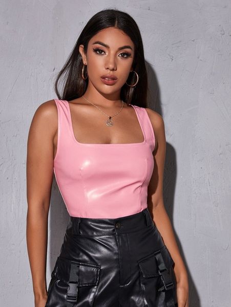 

sxy faux leather zip-up cropped tank m9id#, White