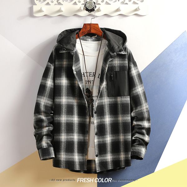 

2021 new korea style casual cardigan spring autumn punk hoodie plaid sweatshirt men's fleece hip hop streetwear clothes ohqi, Black