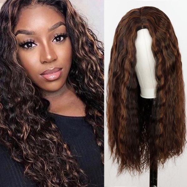 

synthetic wigs long womens ombre brown plus gold heat resistant part side wavy two tone natural middle wig, Black