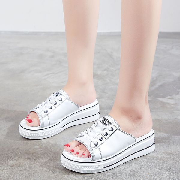 

women slippers outside wearing2022 summer wedges heelsplatform sandals slidesopen toeblackwhitekorea styledropshipping, Black
