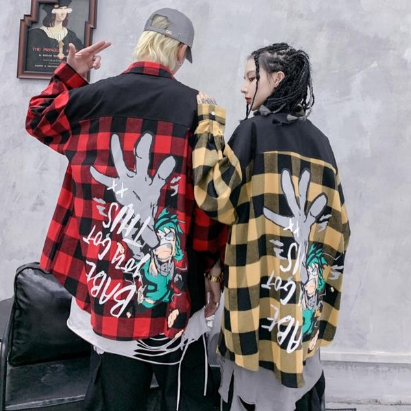 

men's casual shirts fashion hipster spoof cartoon print plaid cotton shirt men hip hop streetwear couple long sleeve loose coats, White;black