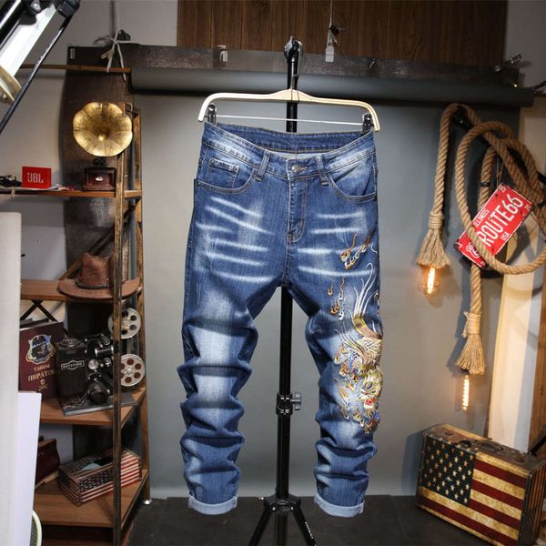 

autumn and winter new national tide dragon thorn embroidered jeans men's fashion brand slim small foot youth korean elastic leisure pan, Blue
