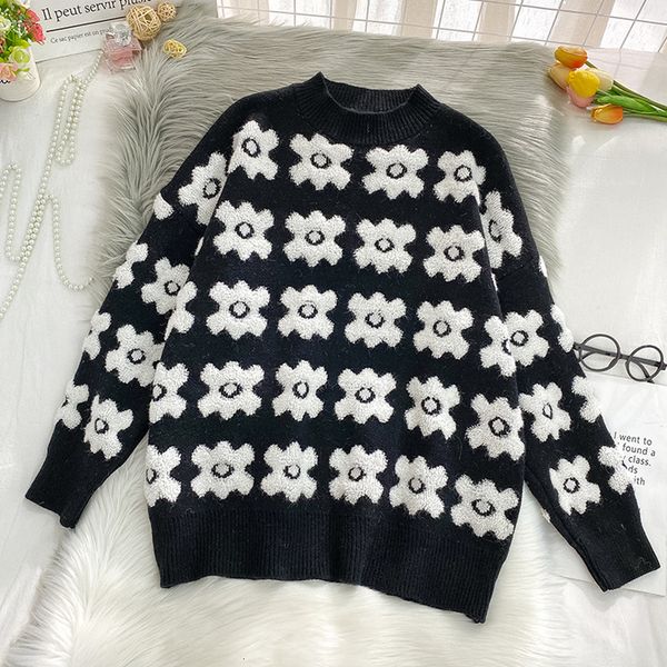 

2021 women vintage black jumper autumn winter long sleeve loose korean flower sweater woman oversized pullover knitted zrqk, White;black