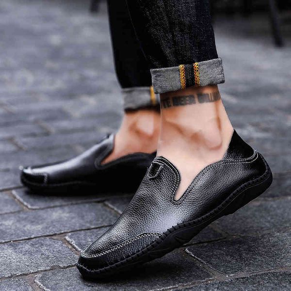 

dress shoes men loafers genuine leather slip on fashion brand driving soft moccasins handamde comfortable boat men t0z1, Black