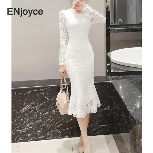 

casual dresses autumn white bodycon bandage dress romantic lace long sleeve women slim club celebrity party fishtail midi, Black;gray
