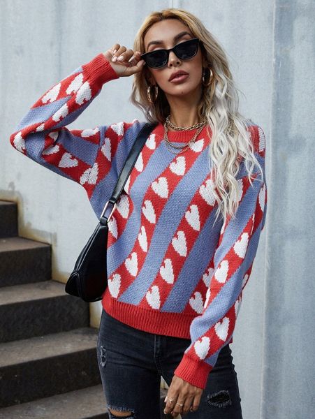 

heart pattern drop shoulder sweater 65kj#, White