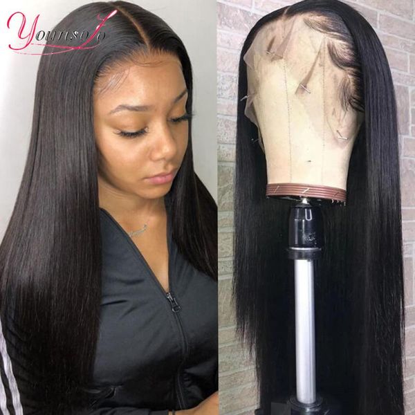 

lace wigs younsolo hair straight front human pre plucked 13x4 for women 150% density brazilian, Black;brown