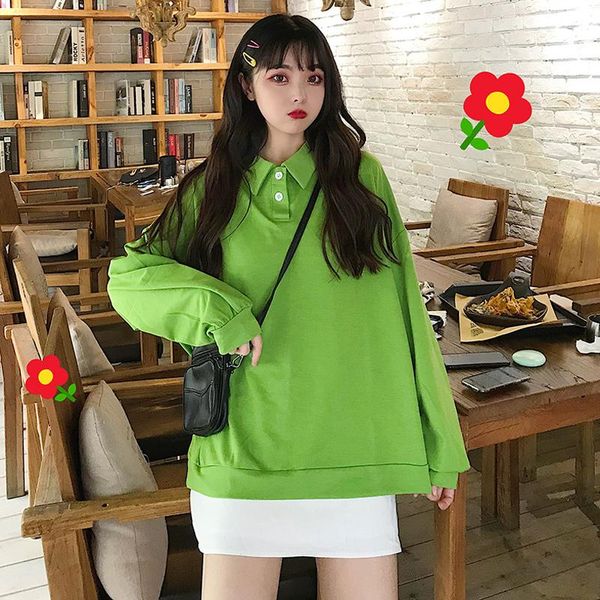 

women's hoodies & sweatshirts turn-down collar button loose solid long sleeve pullover and casual style spring cec clothing ins, Black