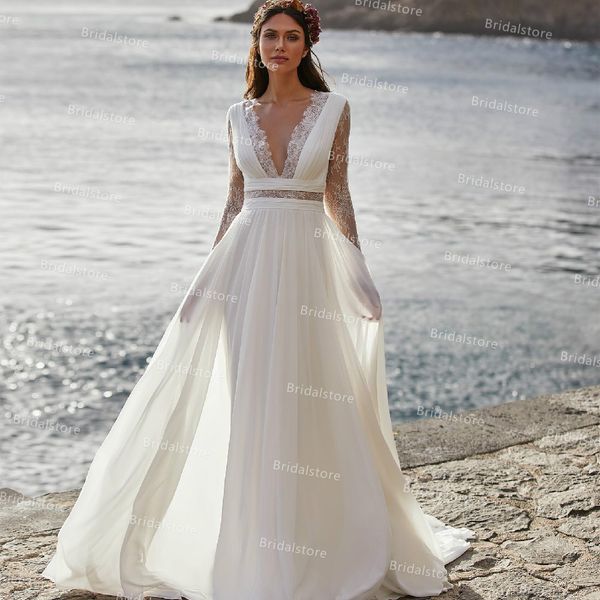 Abiti da sposa da spiaggia a maniche lunghe in pizzo rustico 2021 Chiffon fluido Illsuion Lunghezza pavimento Abiti da sposa bohémien Abito da sposa country Boho civile vestido de novia