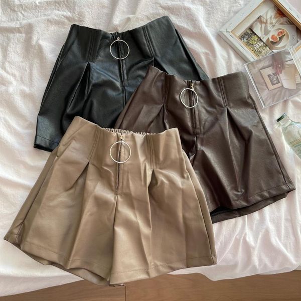 

women's shorts high waist casual pants female spring and autumn 2021 japanese style was thin wild loose wide-leg black leather, White;black