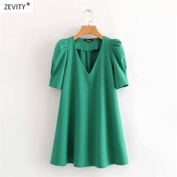 

women fashion v neck pleats puff sleeve solid green mini dress chic office lady vestidos casual straight dresses ds3681 210730, Black;gray
