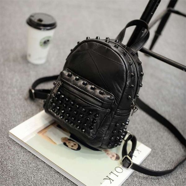 

women small genuine leather backpack purse rivet bagpack daily cute black for girls schoolbag casual travel daypack 210929