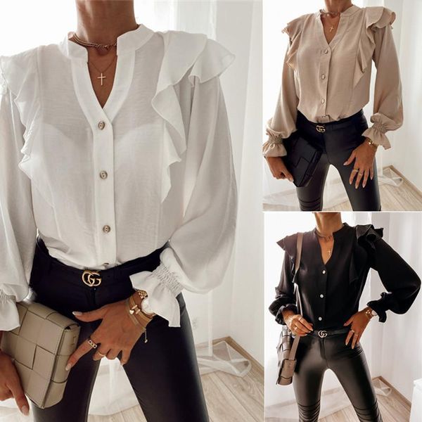 

women's blouses & shirts casual leopard dot print ruffle blouse shirt autumn winter long sleeve women elegant office lady v-neck button, White