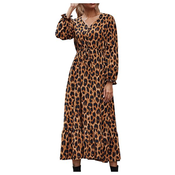 

2021 new women's dress fashion a line casual loose leopard printed v-neck button long sleeve mid-calf high waist dress, Black;gray