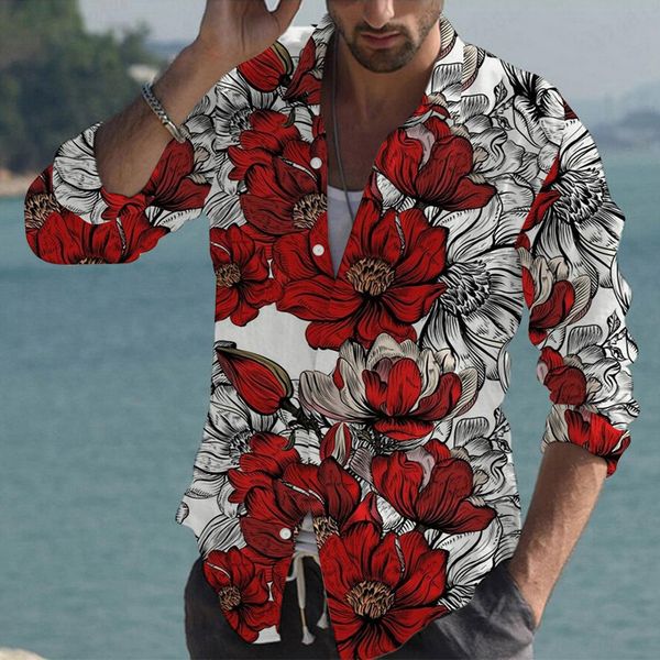 

red flower solid stripe mens long-sleeved shirt comfortable fit fashion retro style travel office entertainment, White;black