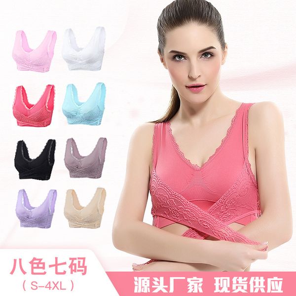 

cross side front buckle lace edge no steel ring sports bra super close adjustable breast support yoga running vest, Red;black