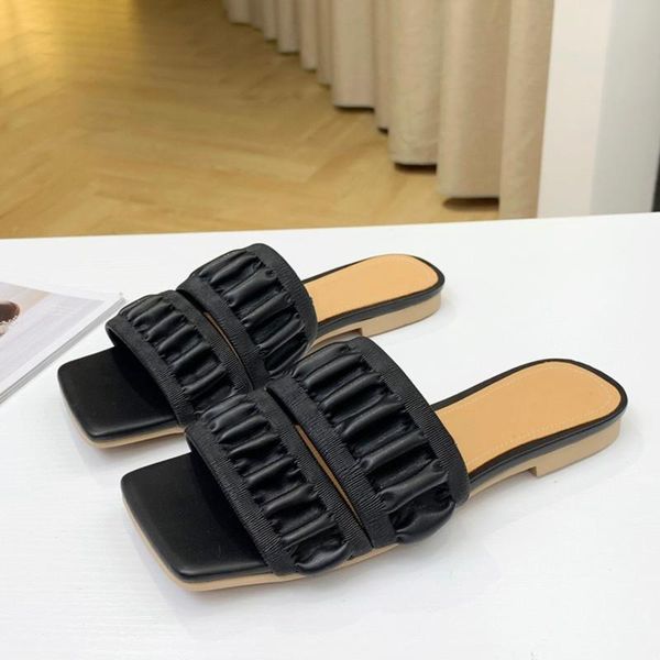 

slippers flat square toe casual slides genuine leather sandals fashion slipper women, Black