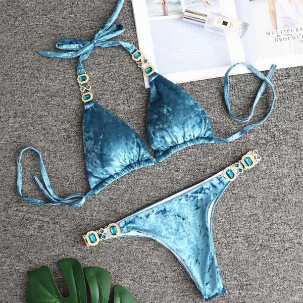 

2021new blue gold velvet one-piece, crystal diamond bikini swimwear swimsuit