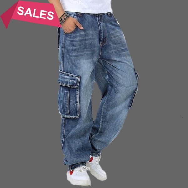 

men's baggy multi pockets skateboard cargo jeans for men tactical denim joggers plus size 30-46, Blue