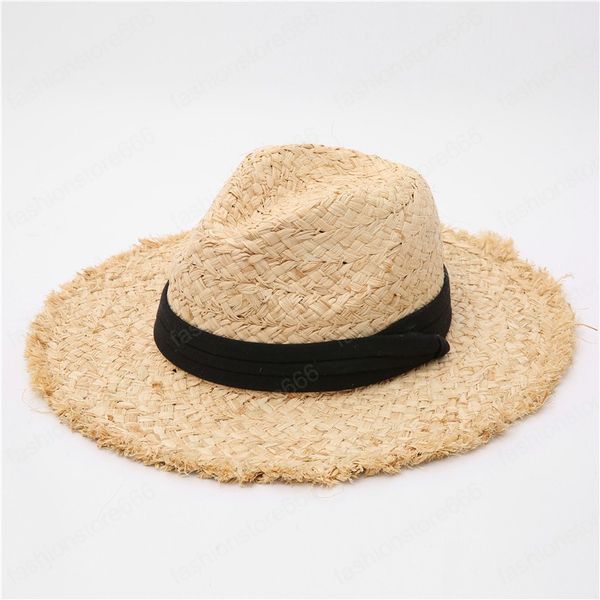 

raffia hat panama straw hat summer black ribbon women men wide brim beach sun cap uv protection jazz fedora hats, Blue;gray