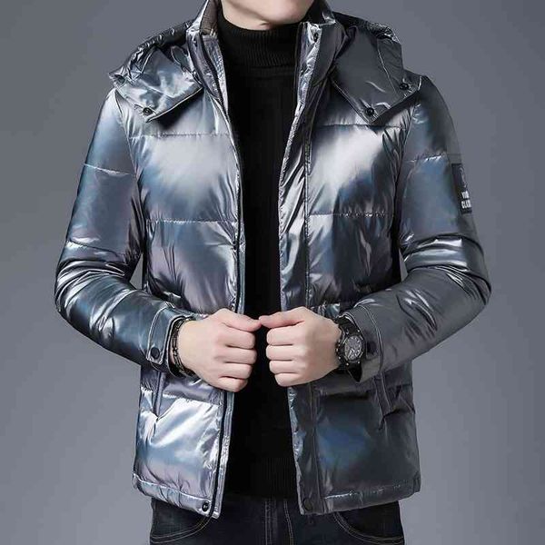 

men's 2020 winter new brand personality reverse color pu bright face fashion hooded down jacket men, Black
