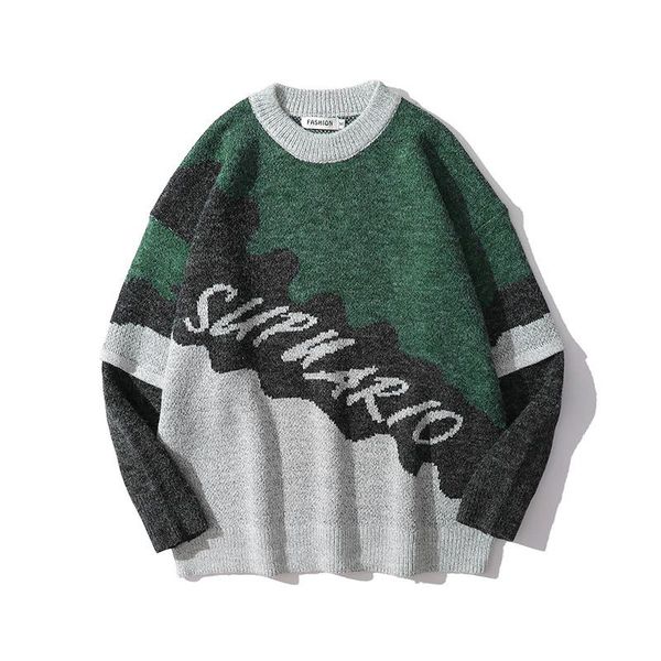 

men's sweaters japanese retro round neck letter print color contrast autumn mens knitted oversize wool pullover casual sweater, White;black