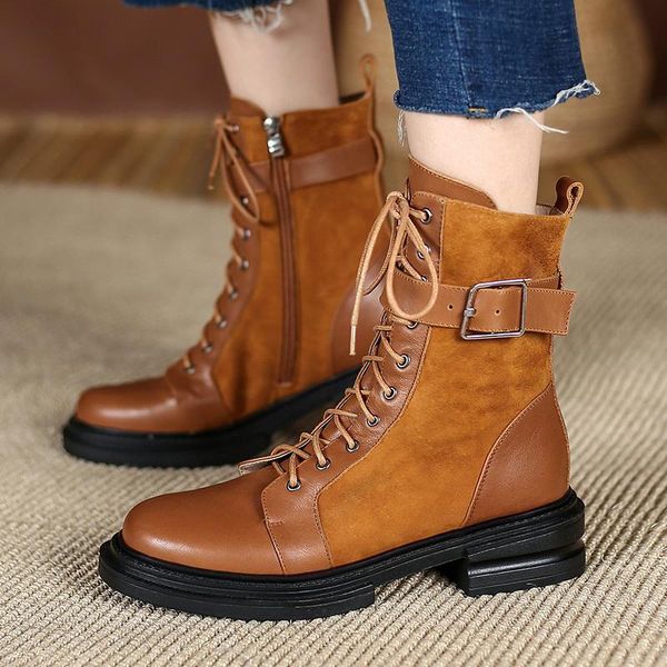 

boots fashion ankle women casual genuine leather square heels buckle strap cross-tied convenient zipper office lady shoes, Black