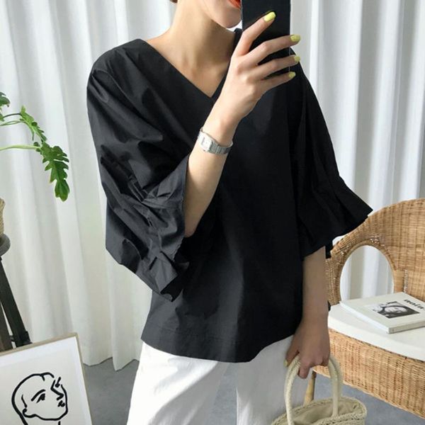 

women's blouses & shirts blouse style loose shirt pullover inelastic v-neck bat-shaped doll trumpet lantern sleeve bottoming 2021 offic, White