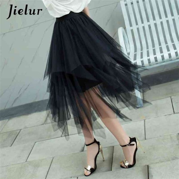 

jielur autumn fashion chiffon women's skirt mesh solid color bouffant puffy skirts irregular saia pleated black jupe longue 210708