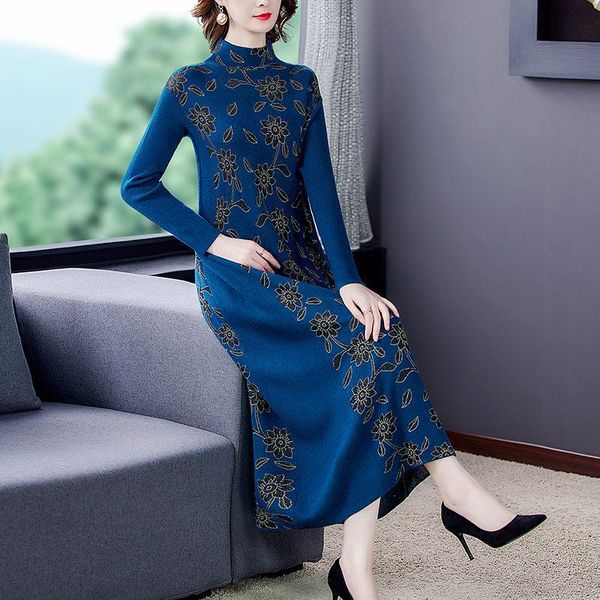 

casual dresses 2021 autumn and winter half-high neck long sleeve printed stitching stretch knitted over-the-knee dress retro sweater y482, Black;gray