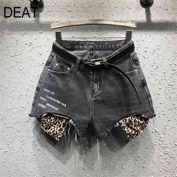 

[deat] print wide leg s hole loose versatile fashion leopard jeans trend shorts for women ladies summer gx475 210722, Black