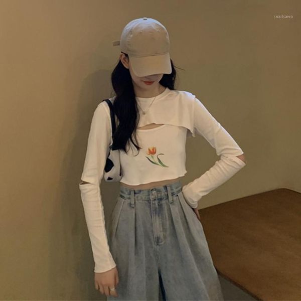 

women's t-shirt two-piece crop spring fall clothing tees o-neck hollow out t-shirts korean style hipster ladies vetement femme, White