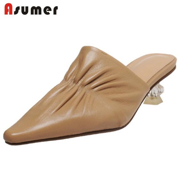 

slippers asumer 2021 large size 34-41 slipper women genuine leather shoes pointed toe comfortable crystal high heels casual lady, Black