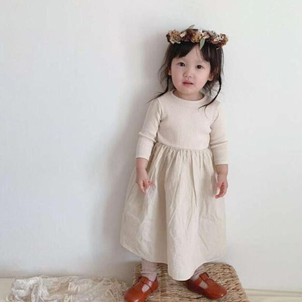 

girl's dresses girls dress 2021 spring summer born kids linen casual clothes toddler stitching a-line princess solid long sleeve, Red;yellow