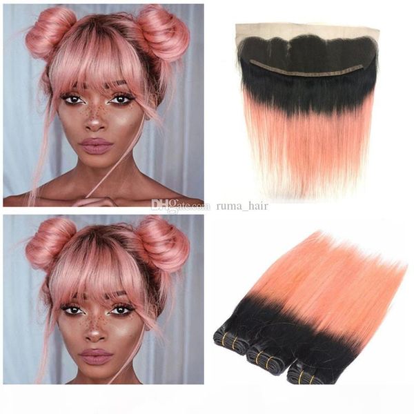 

rose gold human hair bundles with lace frontal silky straight brazilian virgin hair rose pink hair bundles with lace frontal closure, Black;brown