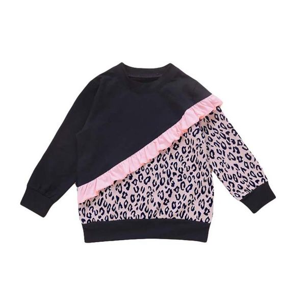 

hoodies & sweatshirts toddler girls casual sweatshirts, long sleeve crew neck leopard patchwork ruffle trim pullover 2-7 years, Black
