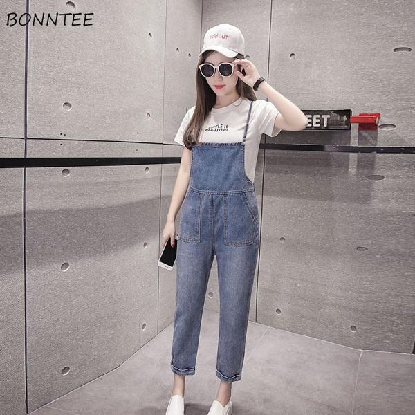 

women's jumpsuits & rompers women elegant denim soft solid pockets womens ankle-length pants loose leisure korean style ladies bodysuit, Black;white