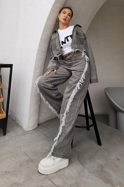 

european spring new retro tassel loose jeans tall jacket short coats+hip-hop straight pants denim two-piece set women fashion, White