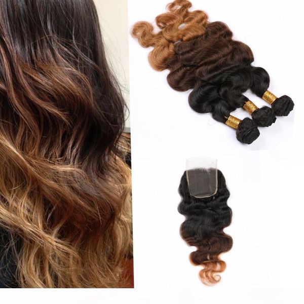 

3 tones grade 8a hair bundles with closure human hair 100 natural #1b #4 #27 ombre body wave brazilian hair bundles mix length, Black;brown