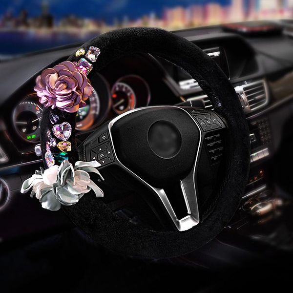 

steering wheel covers rhinestones rose flower plush diamond crystal car cover winter interior accessories