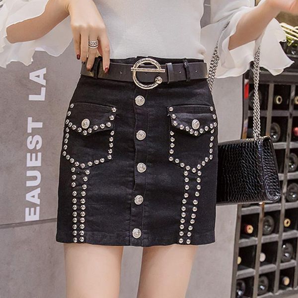 

skirts 2021 high waist bag hip skirt style thin a-line denim shorts, Black